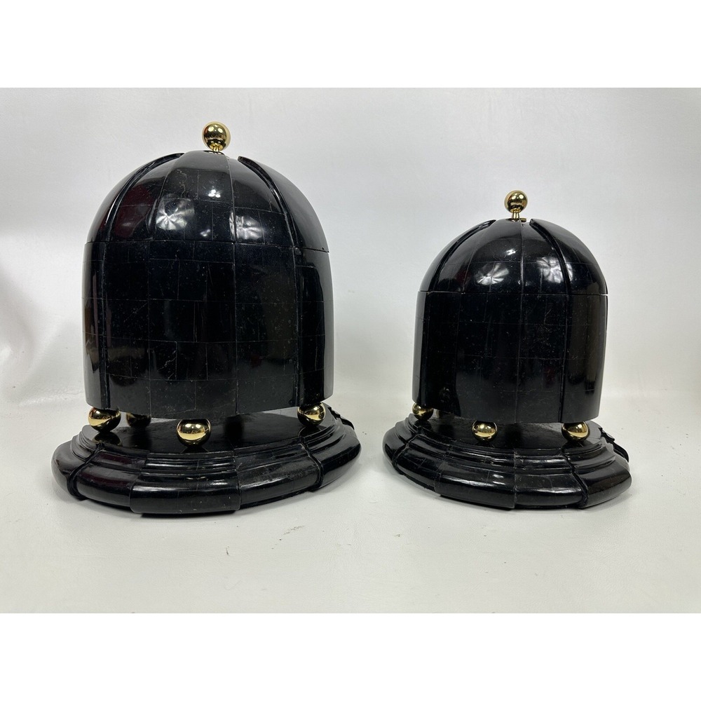 Maitland Smith Tessellated Black Stone Marble Dome Box Set 2 Brass Finial Large